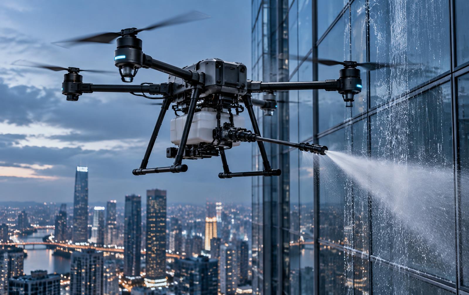 Drone profissional lavando a fachada de um edifício